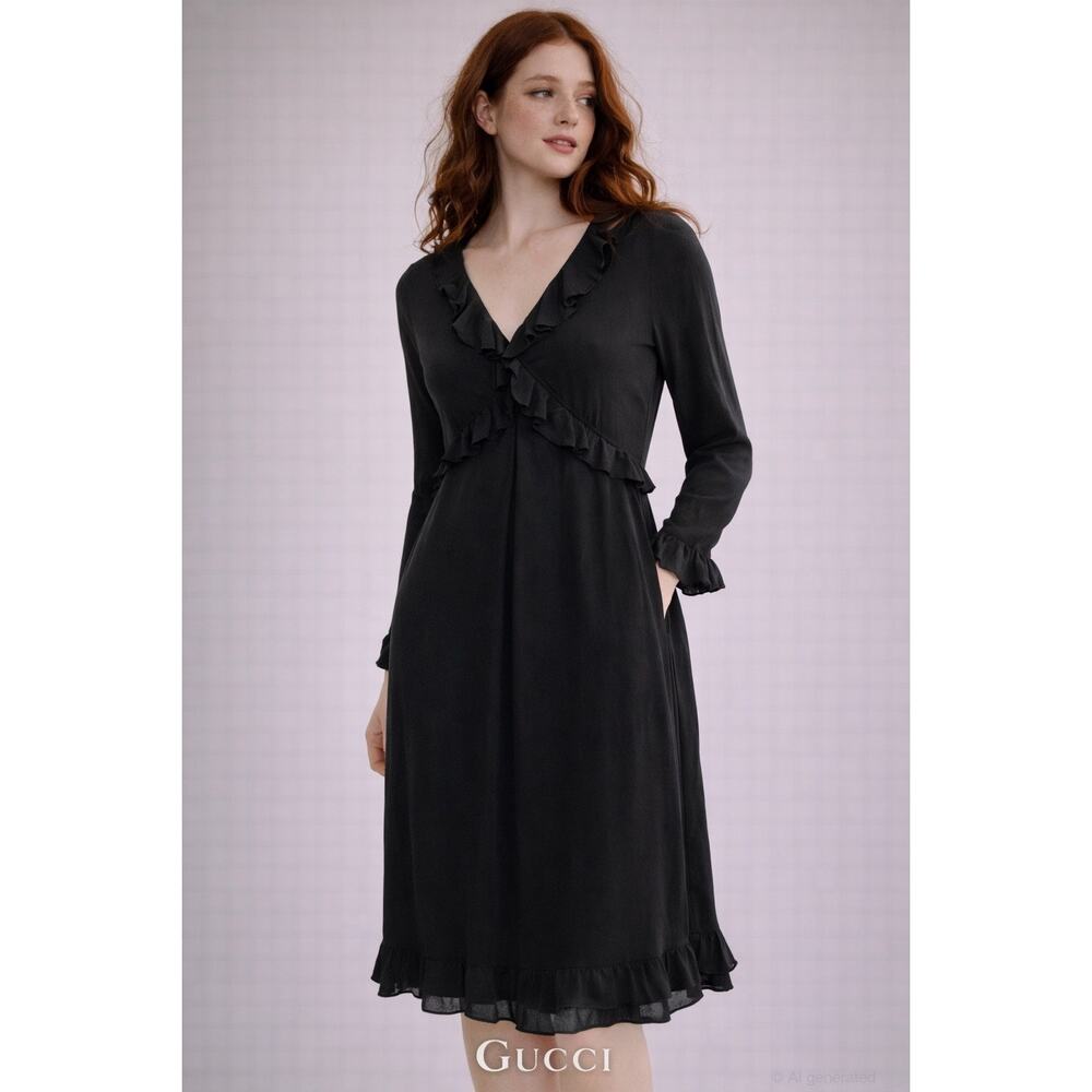Gucci Black FW16  Silk Ruffle Midi Dress NWT US 10-12 Designer